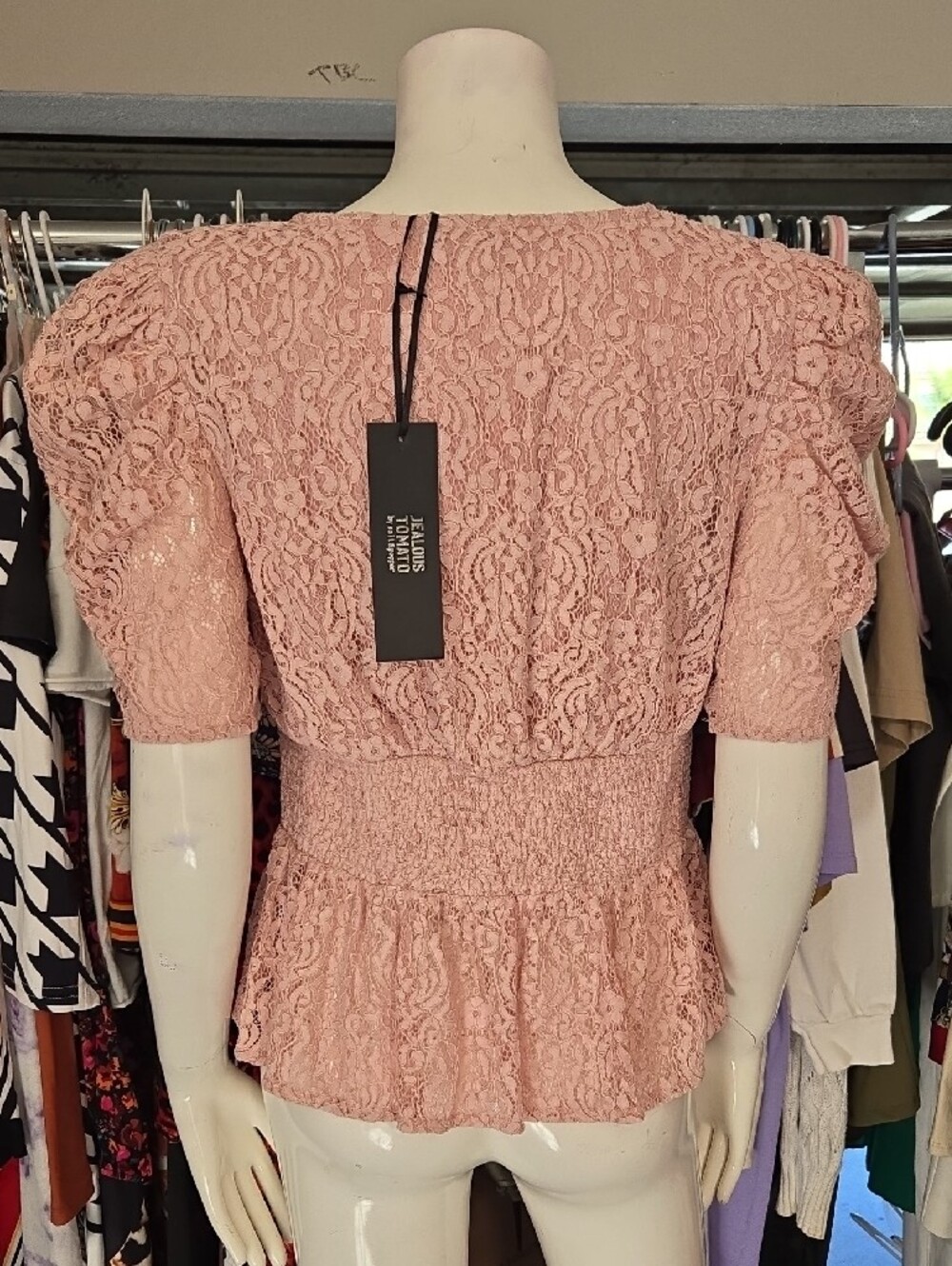 Jealous Tomato Dusty Rose Lace V-Neck Peplum Blouse - Picture 4 of 6